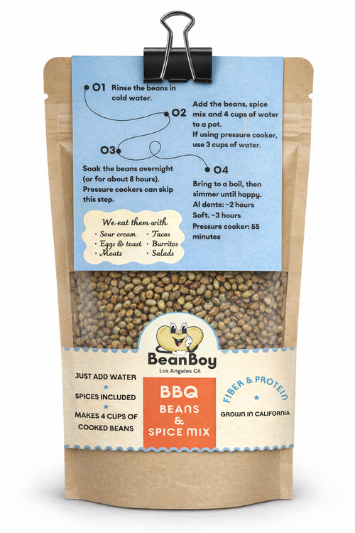 Bean and spice mix package with instructions and branding on a white background